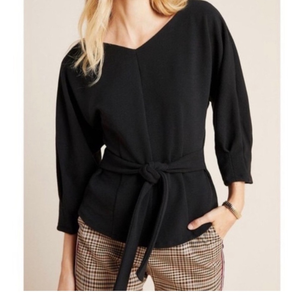 Anthropologie Black Ribbed Tie Beltn Dolman Sleeve V-Neck Blouse Black Size XS